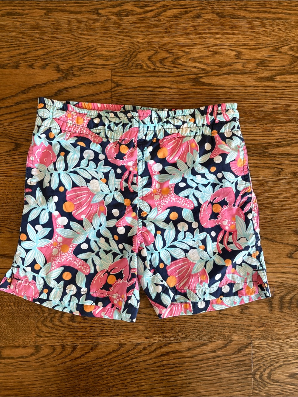 Lilly Pulitzer Navy Swim Shorts with Aqua Floral and Pink Accents